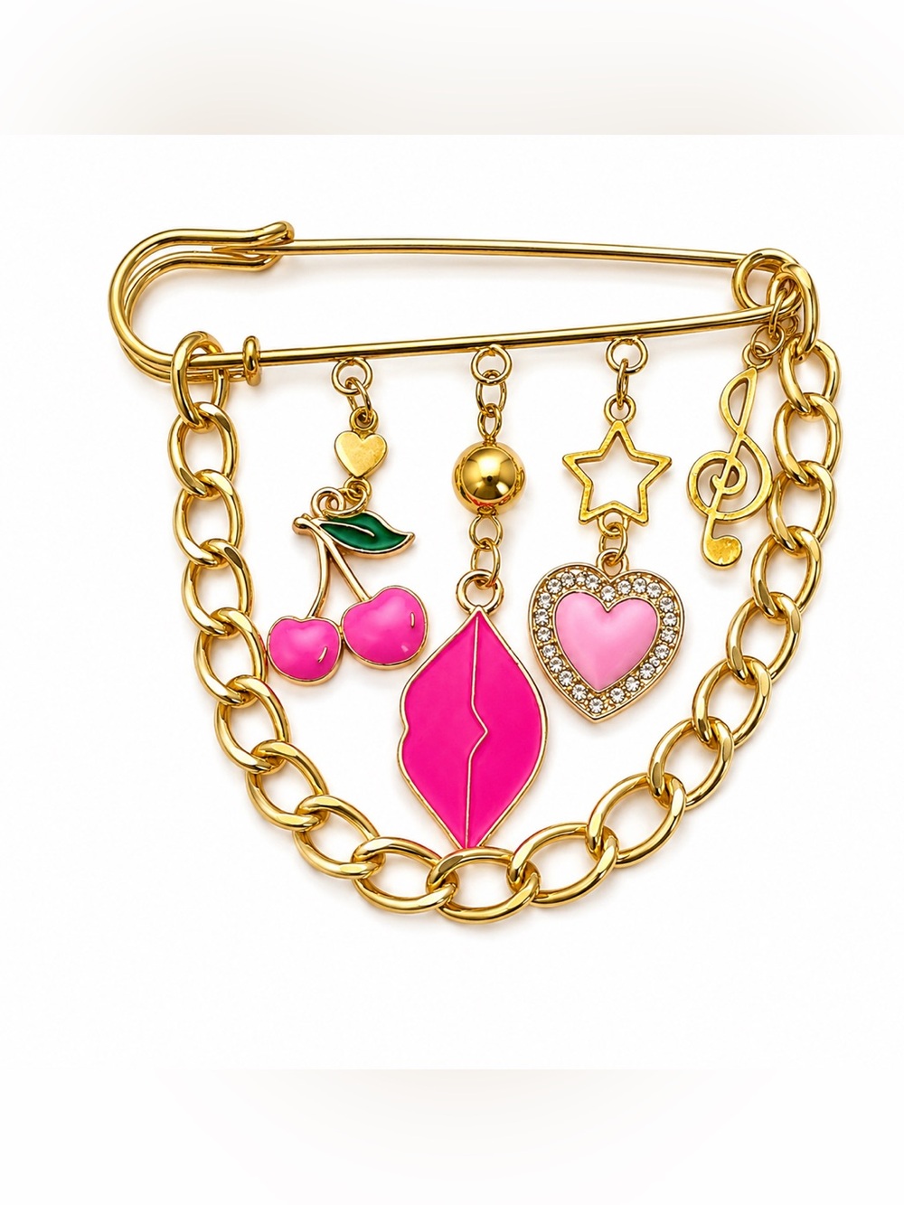Gold-Tone Pink Charm Safety Pin Brooch Necklace